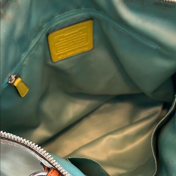 Coach Hallie Leather Colorblock Tote Bag Aqua Blue Lime Green J1294-22430 - Picture 4 of 12